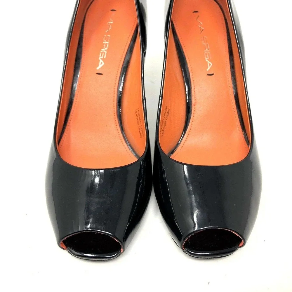 Via Spiga Frankie Pump Black Patent Leather‎ Peep Toe Heel Womens Size 6.5 M